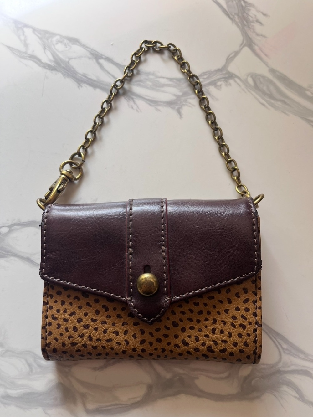 Fossil Brown Leather and Leopard-Print Chain Wristlet